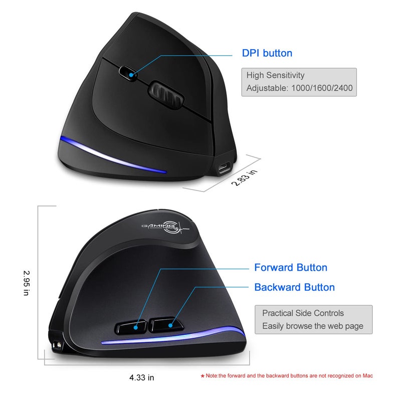 TRELC Ergonomic Mouse, 2.4G Wireless Vertical Optical Mouse with Adjustable Sensitivity (1000/1600/2400 DPI), 6 Buttons for PC, Desktop, Laptop, Notebook (Black) - Image 5